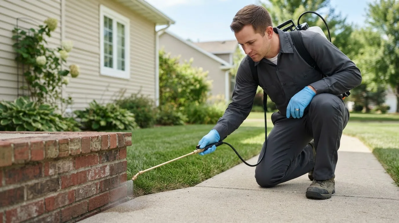 Pest control technician treating a home near Mattoon, IL
